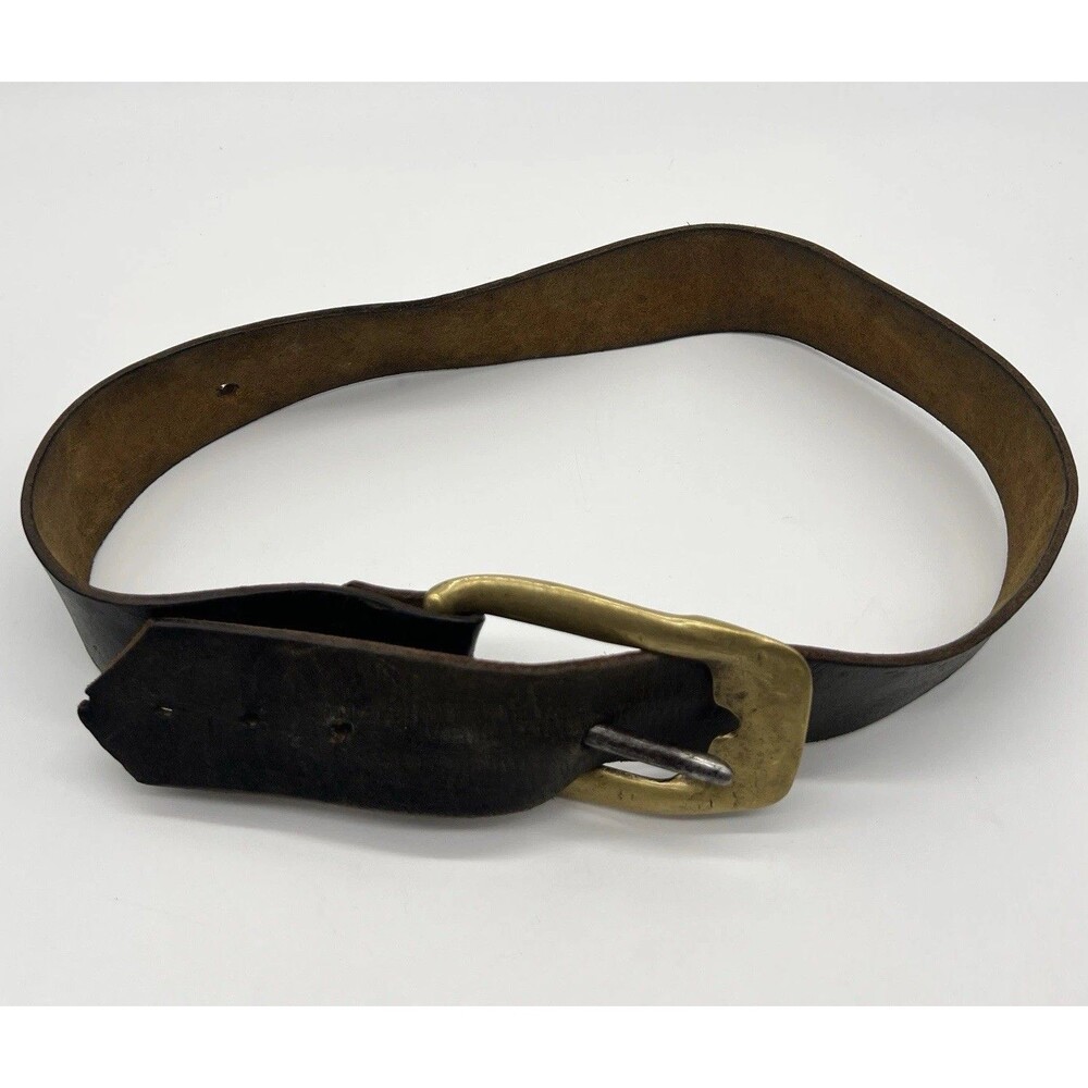 Vintage leather belt organic-shaped solid brass buckle Size 32”